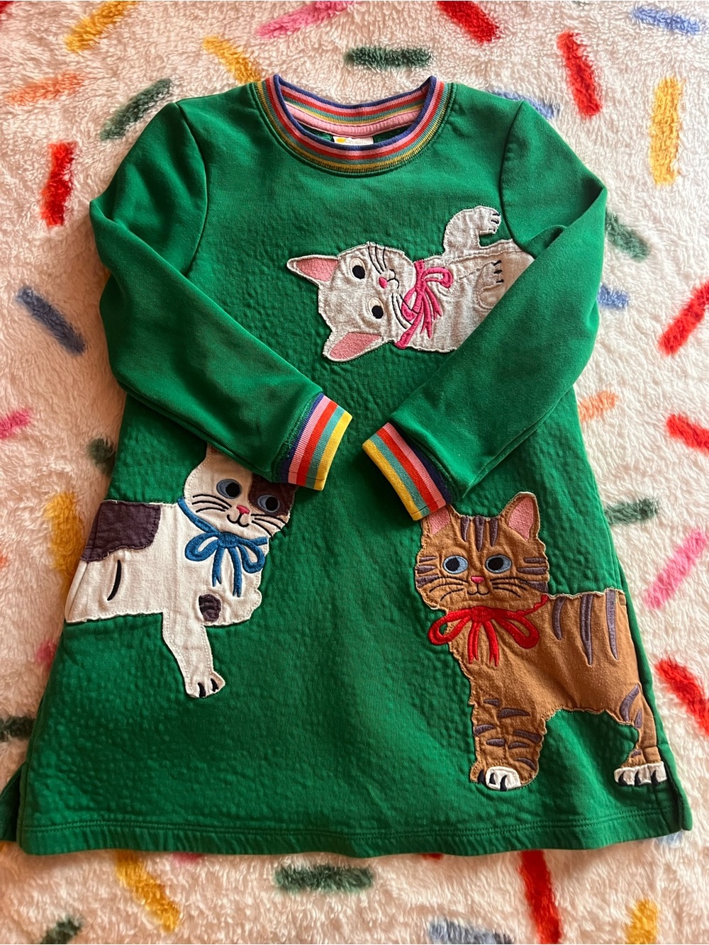 Mini Boden Green Knit Dress with Colorful Kitten Appliqués